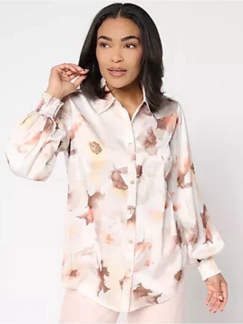 dennis basso White Floral Button-Down Shirt with Brown & Peach Accents